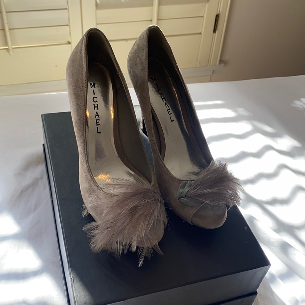 Michael Shannon peep toe feather heels